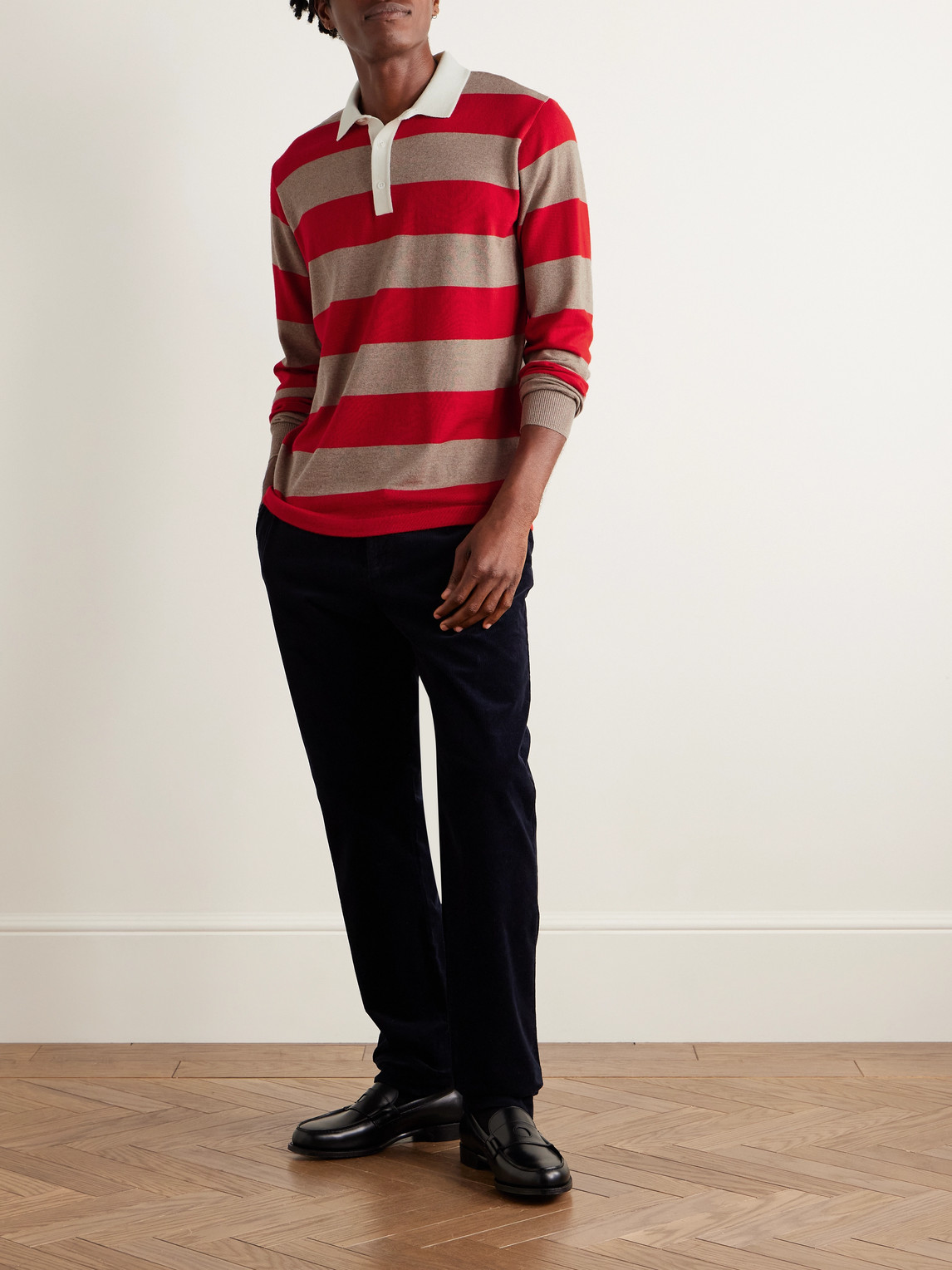 Drake's Striped Merino Wool Polo Shirt In Red