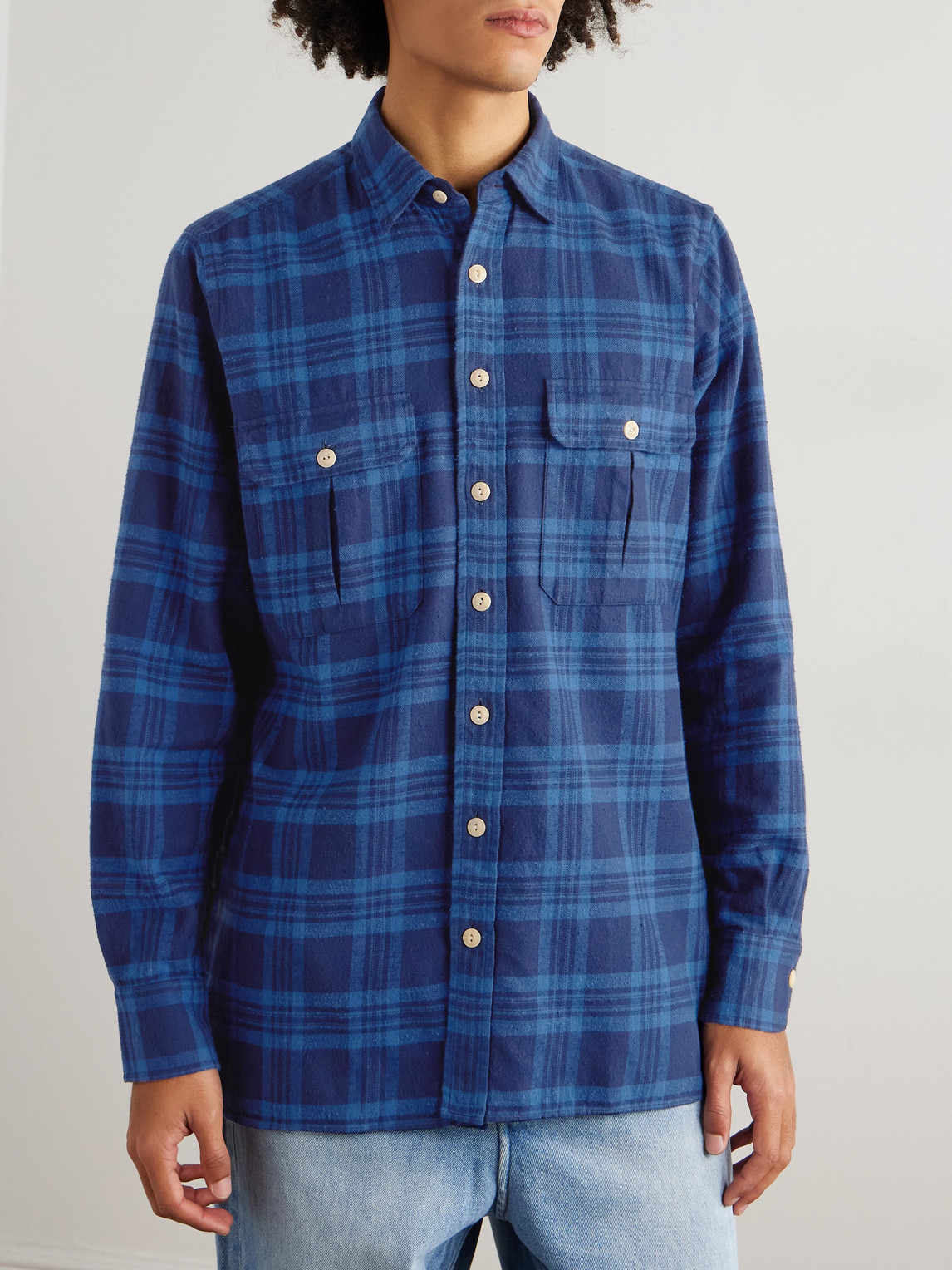 Drake's - Checked Cotton-flannel Shirt - Men - Blue - M 