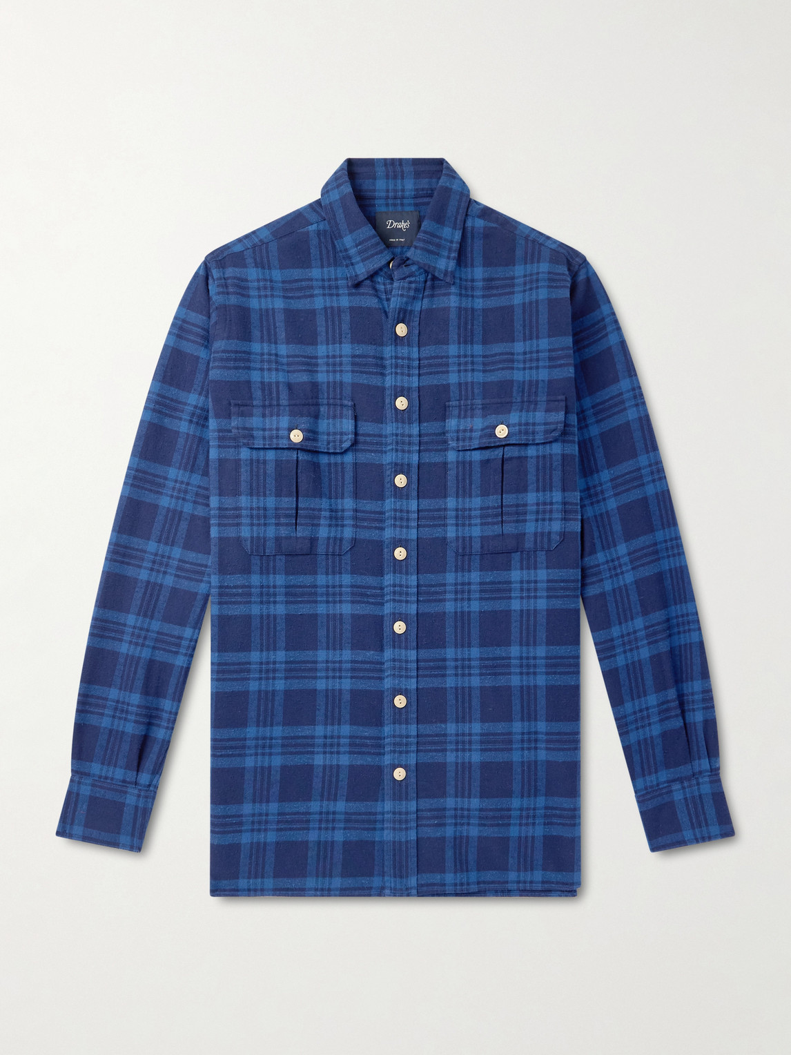 Drake's Checked Cotton-flannel Shirt In Blue