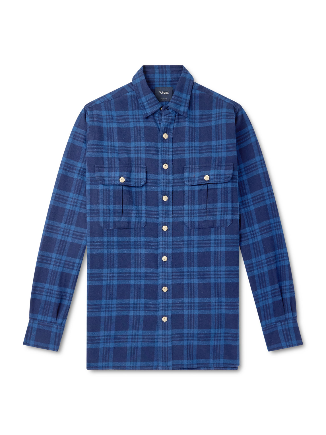 Drake's Checked Cotton-flannel Shirt In Blue