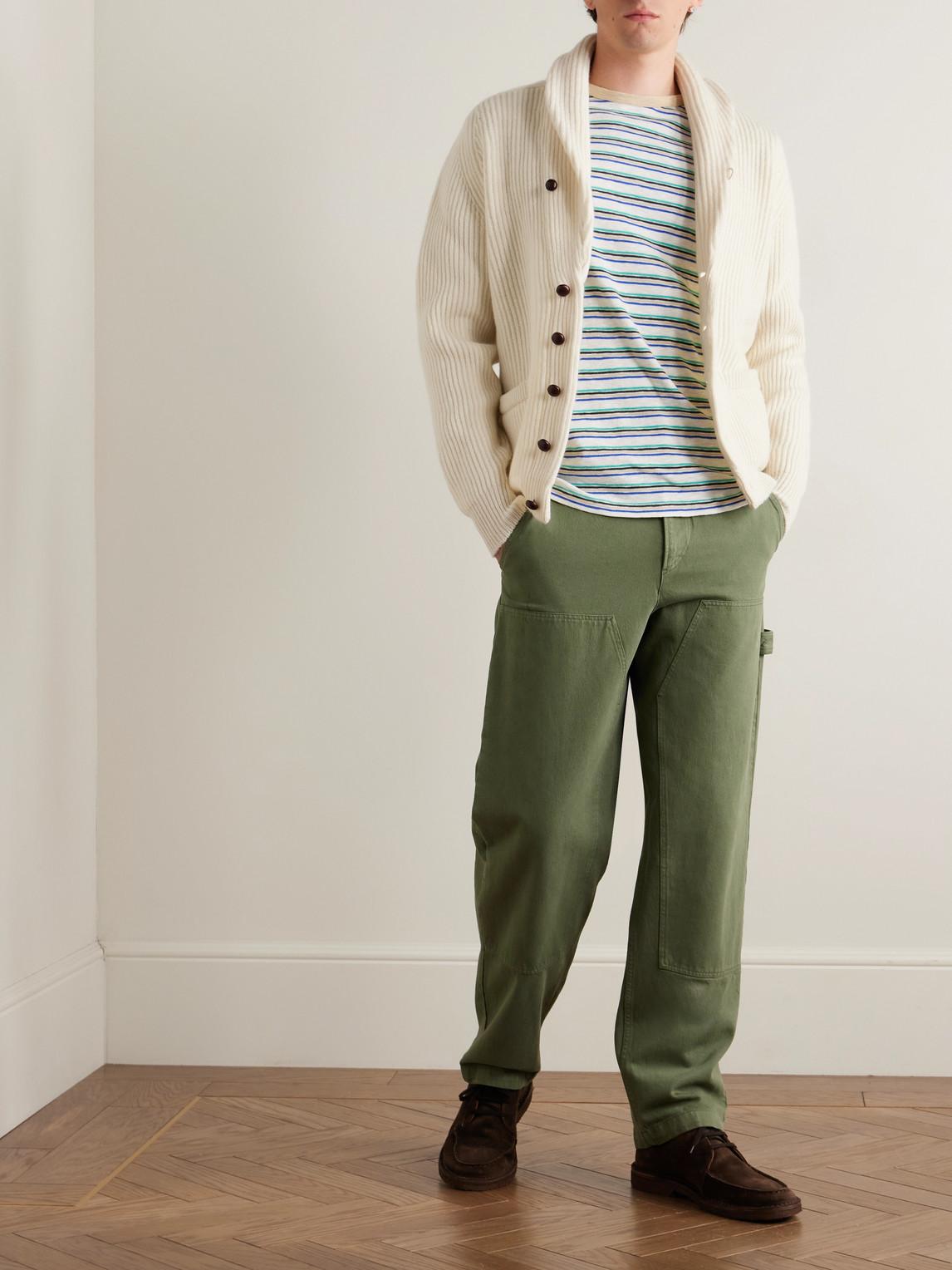 Drake's Shawl-collar Ribbed Wool Cardigan In White