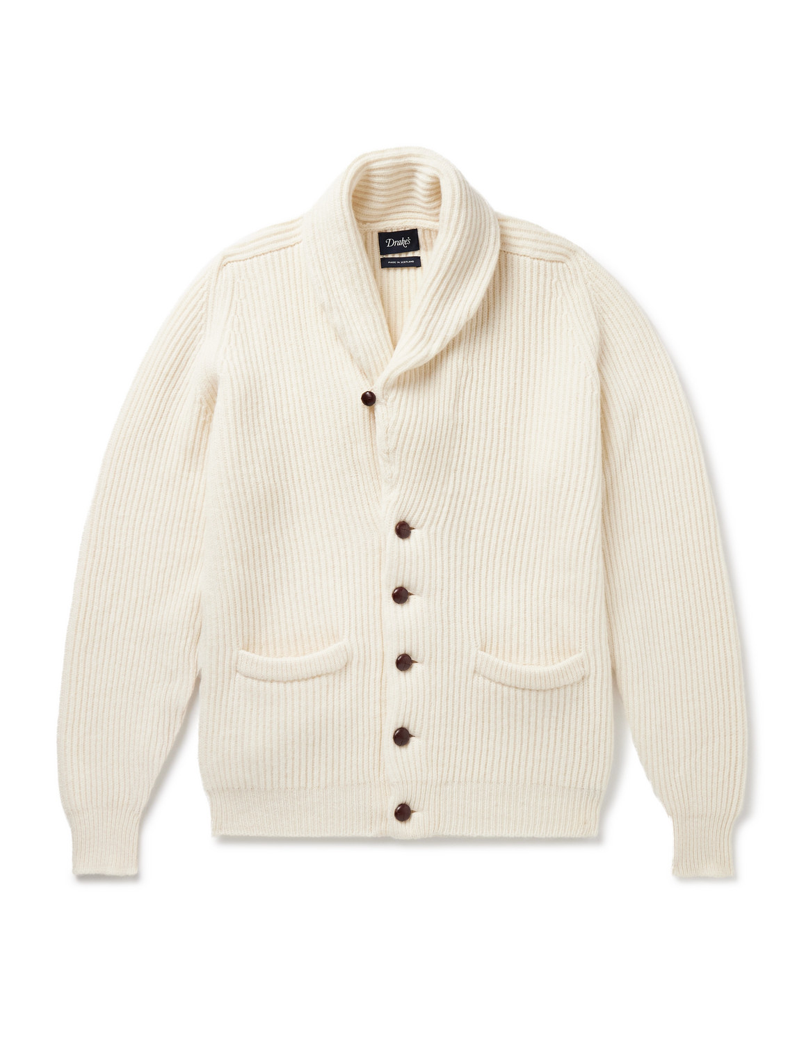 Drake's Shawl-collar Ribbed Wool Cardigan In White