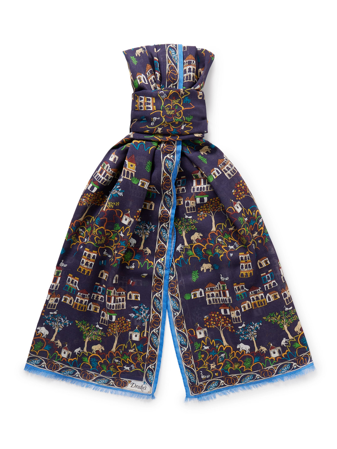 Drake's Frayed Printed Wool And Silk-blend Scarf In Multi