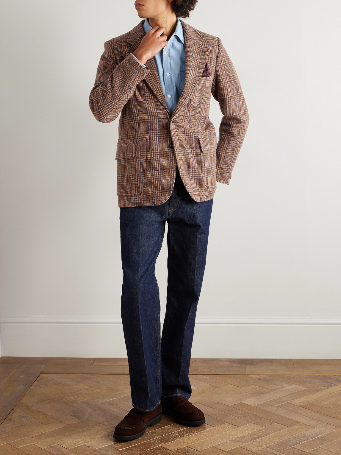 Drake's Mk. Vii Games Unstructured Prince Of Wales Checked Virgin Wool Blazer In Brown