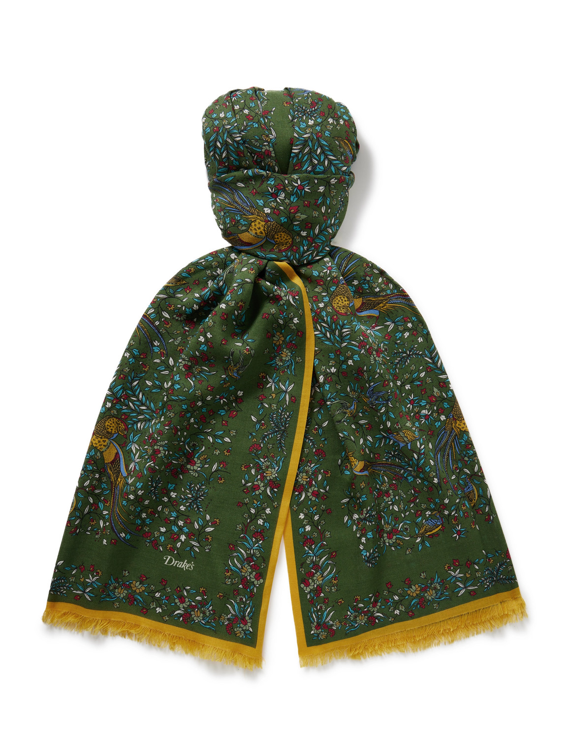 Drake's Frayed Printed Wool And Silk-blend Scarf In Green