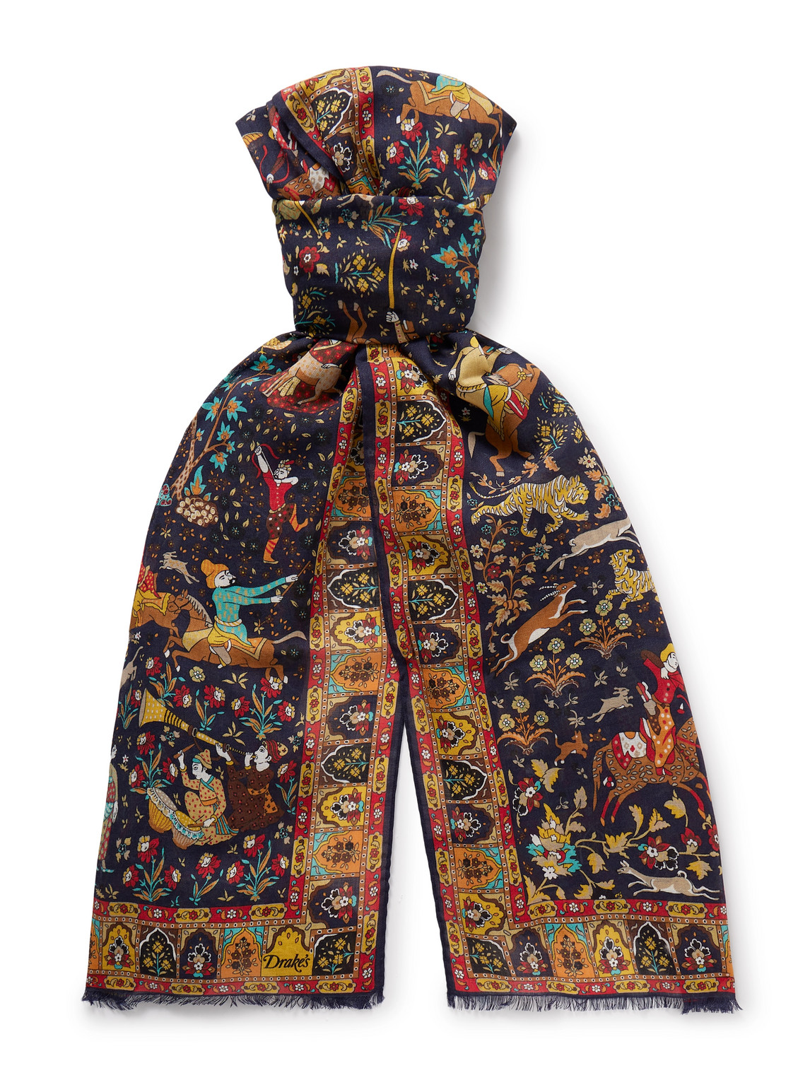 Drake's Fringed Printed Wool And Silk-blend Scarf In Multi
