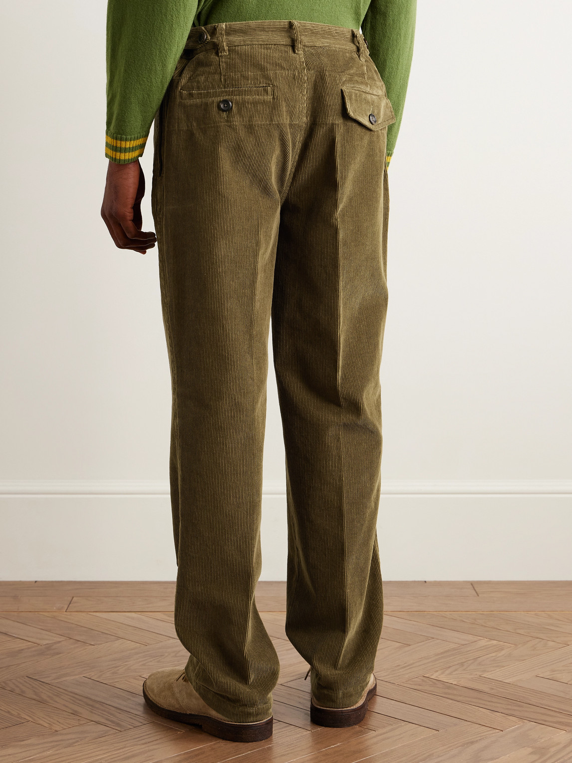 Drake's Games Tapered Pleated Cotton-corduroy Trousers In Green