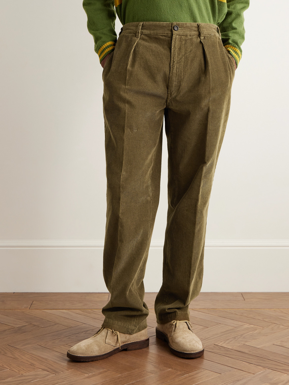 Drake's Games Tapered Pleated Cotton-corduroy Trousers In Green