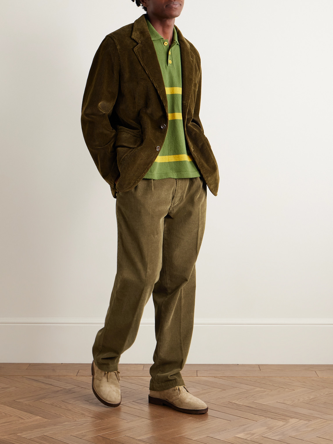 Drake's Games Tapered Pleated Cotton-corduroy Trousers In Green