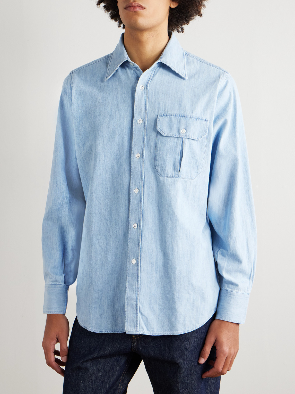 Drake's Light Denim Button-up Shirt In Multi