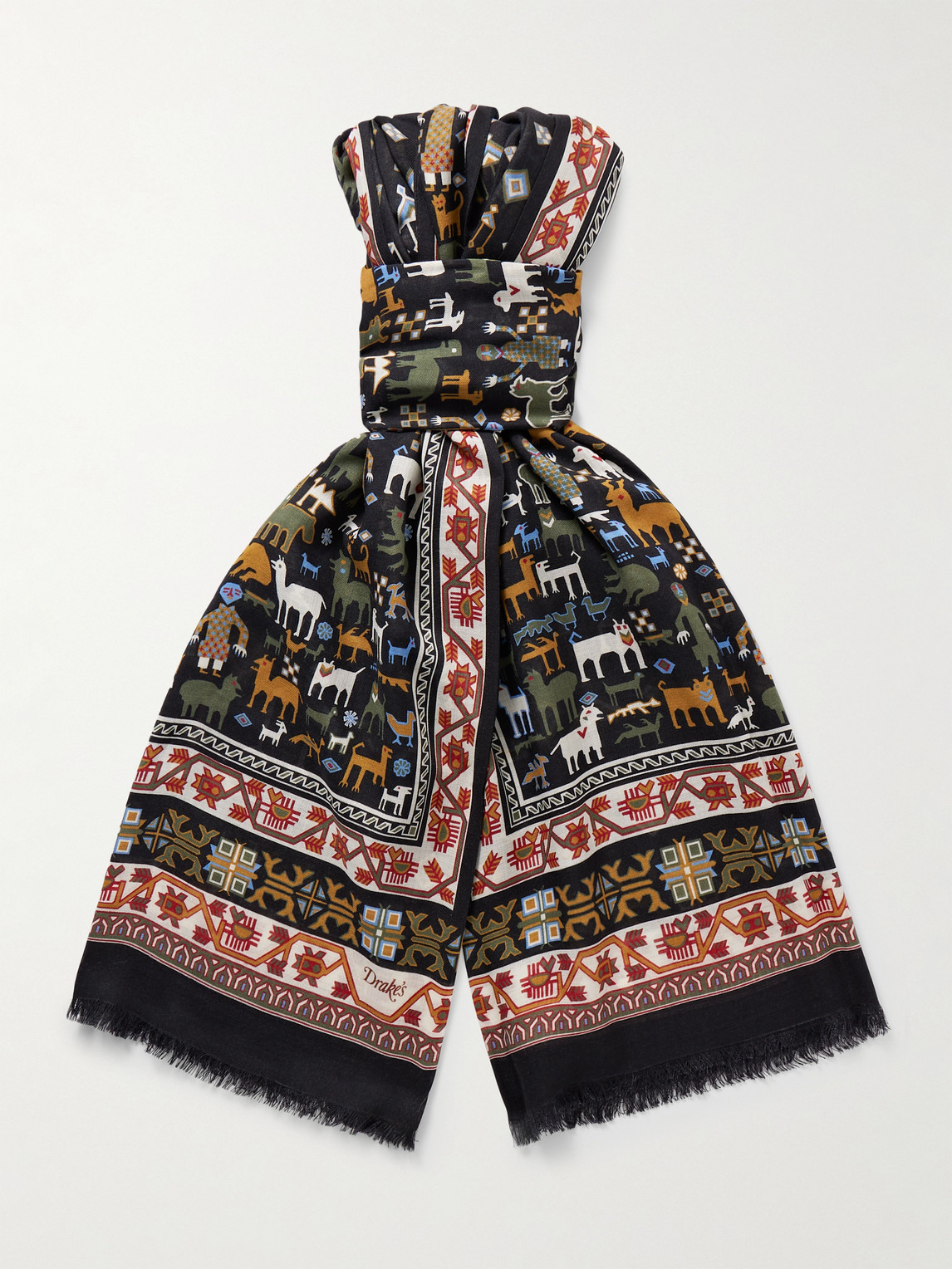 Drake's Frayed Printed Wool And Silk-blend Scarf In Multi