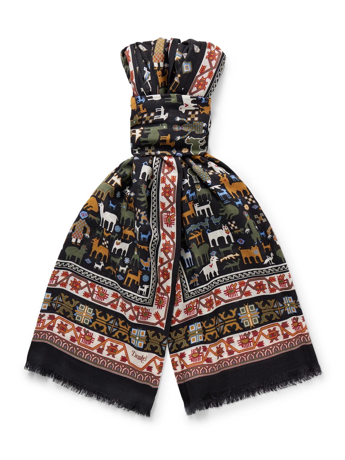 Drake's Frayed Printed Wool And Silk-blend Scarf In Multi