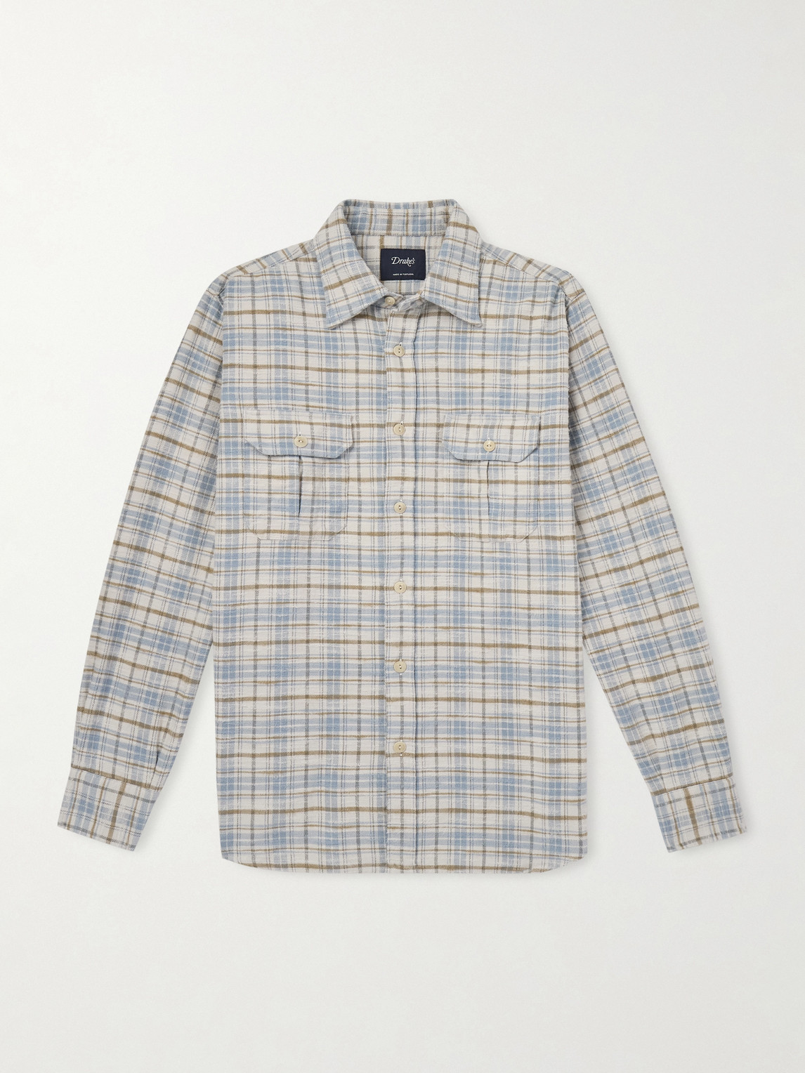 Drake's Checked Brushed Cotton-flannel Shirt In Gray