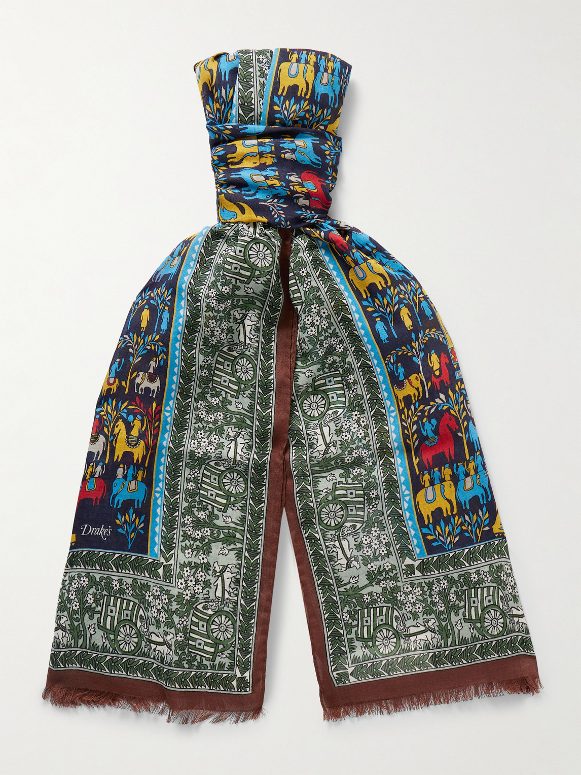 Drake's Frayed Printed Wool And Silk-blend Scarf In Multi