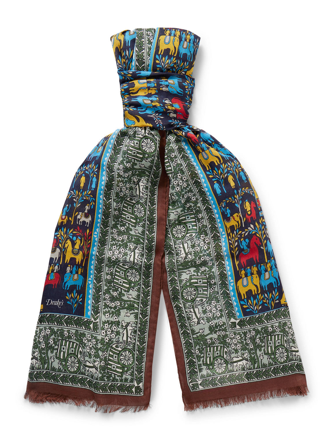 Drake's Frayed Printed Wool And Silk-blend Scarf In Multi