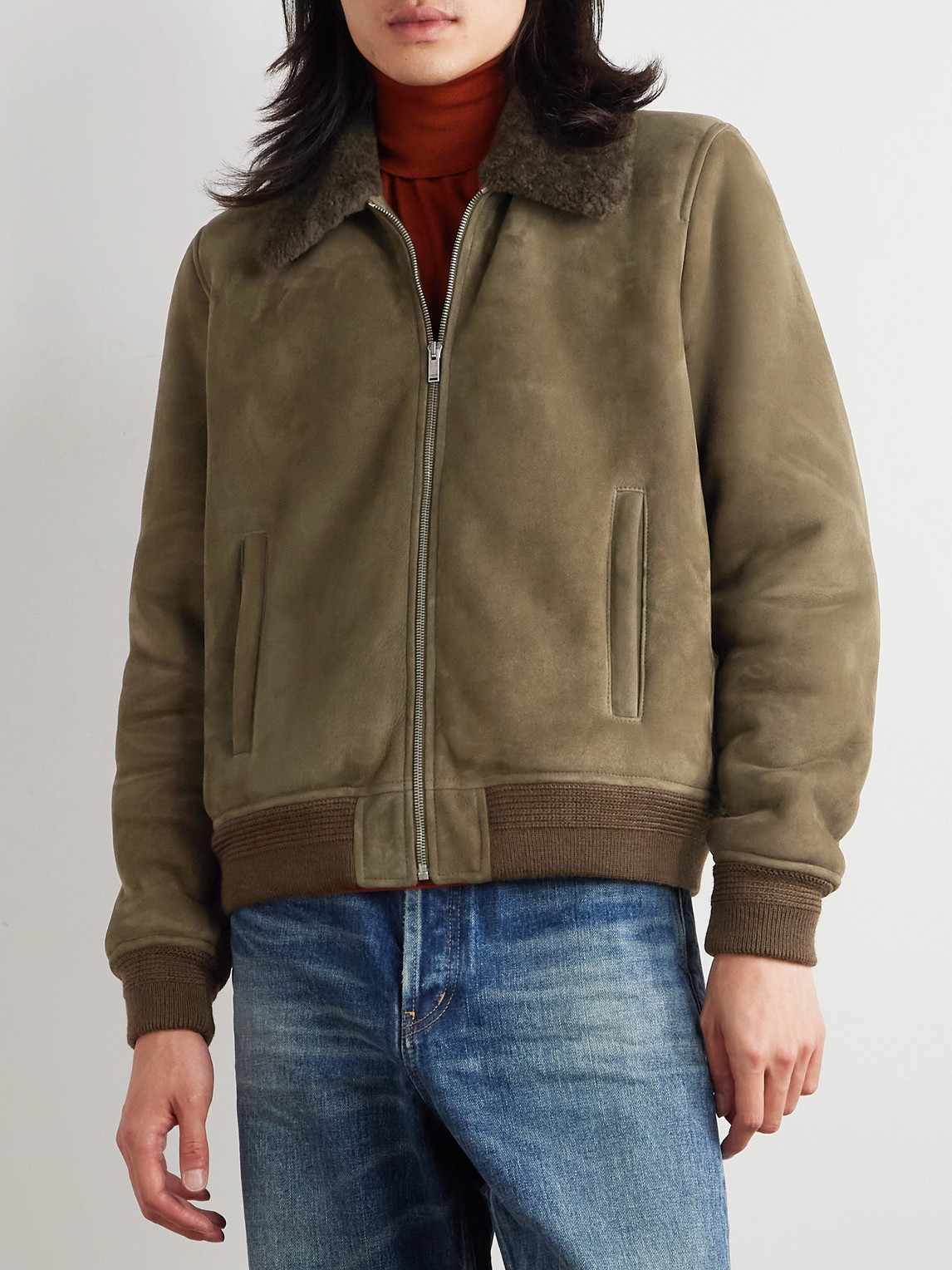 Saint Laurent Shearling Blouson Jacket In Green