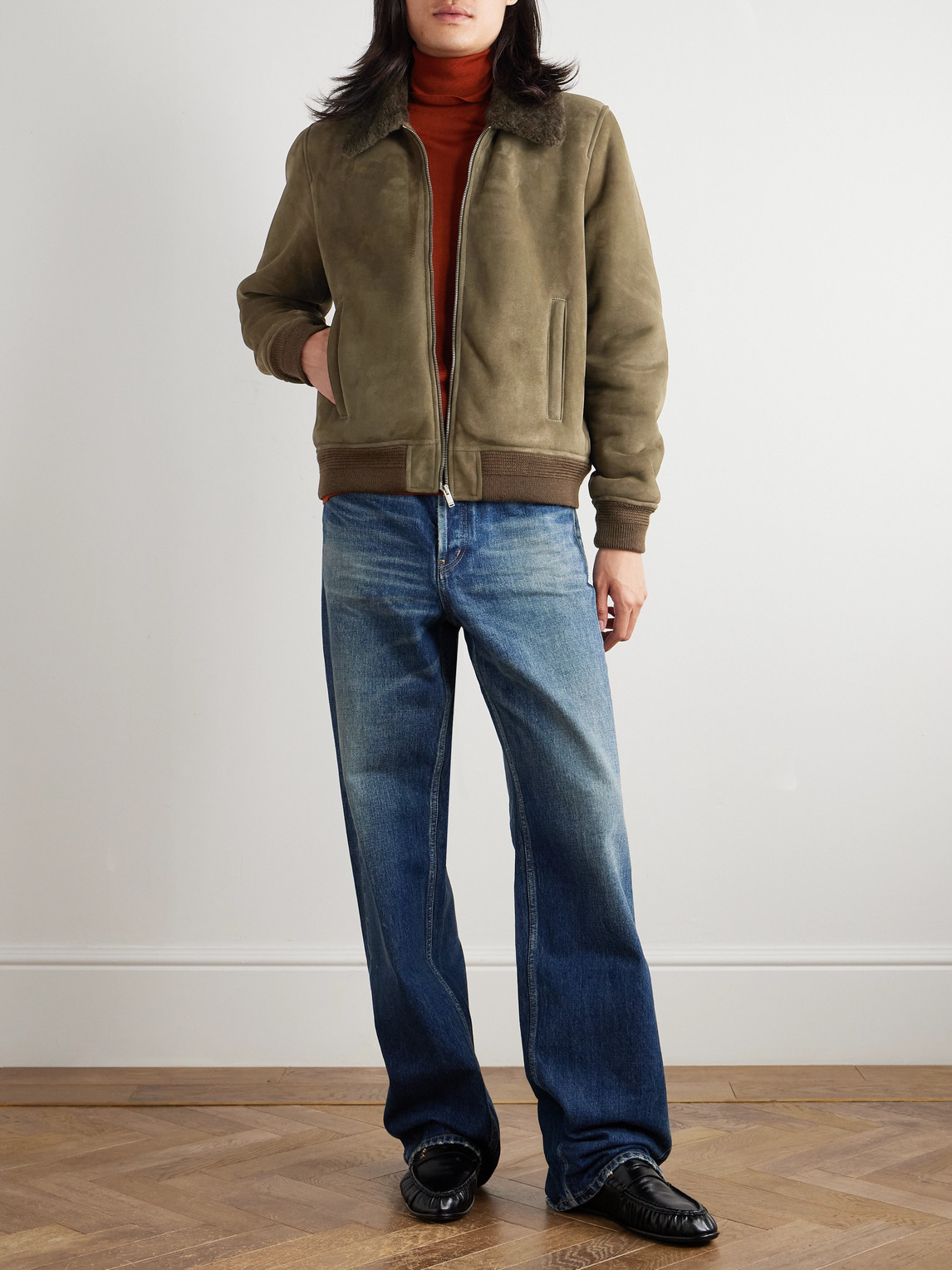 Saint Laurent Shearling Blouson Jacket In Green