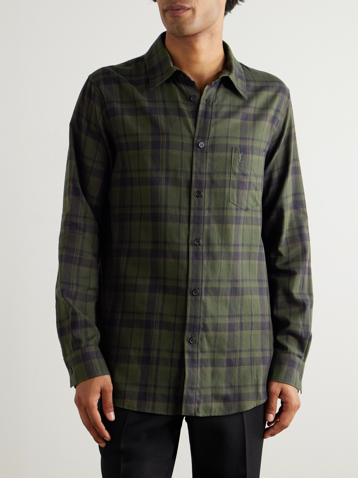 Saint Laurent Button-down Shirt With Curved Hem And Pocket In Green