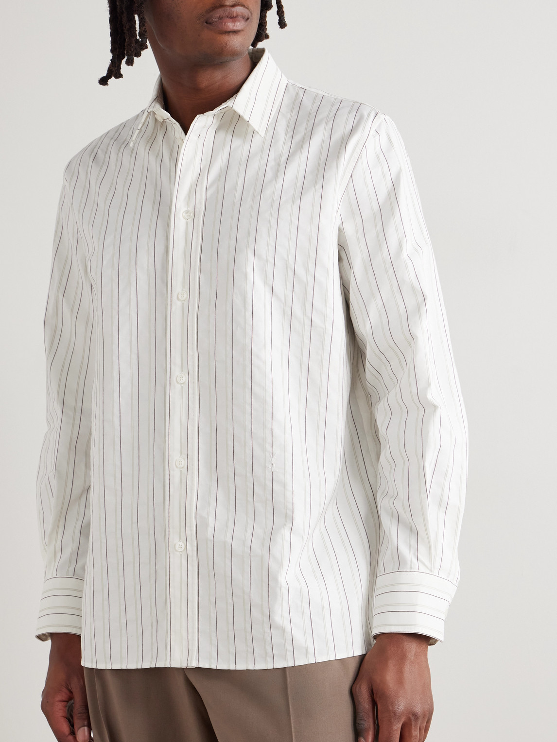 Saint Laurent Cassandre Shirt In Self-stripe Cotton Poplin In White