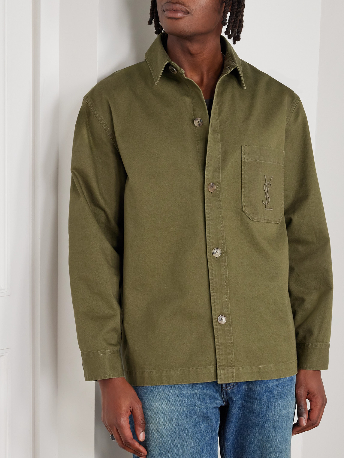 Saint Laurent Green Shirt With Classic Collar And Cassandre Embroidery On The Front In Cotton Man In Green