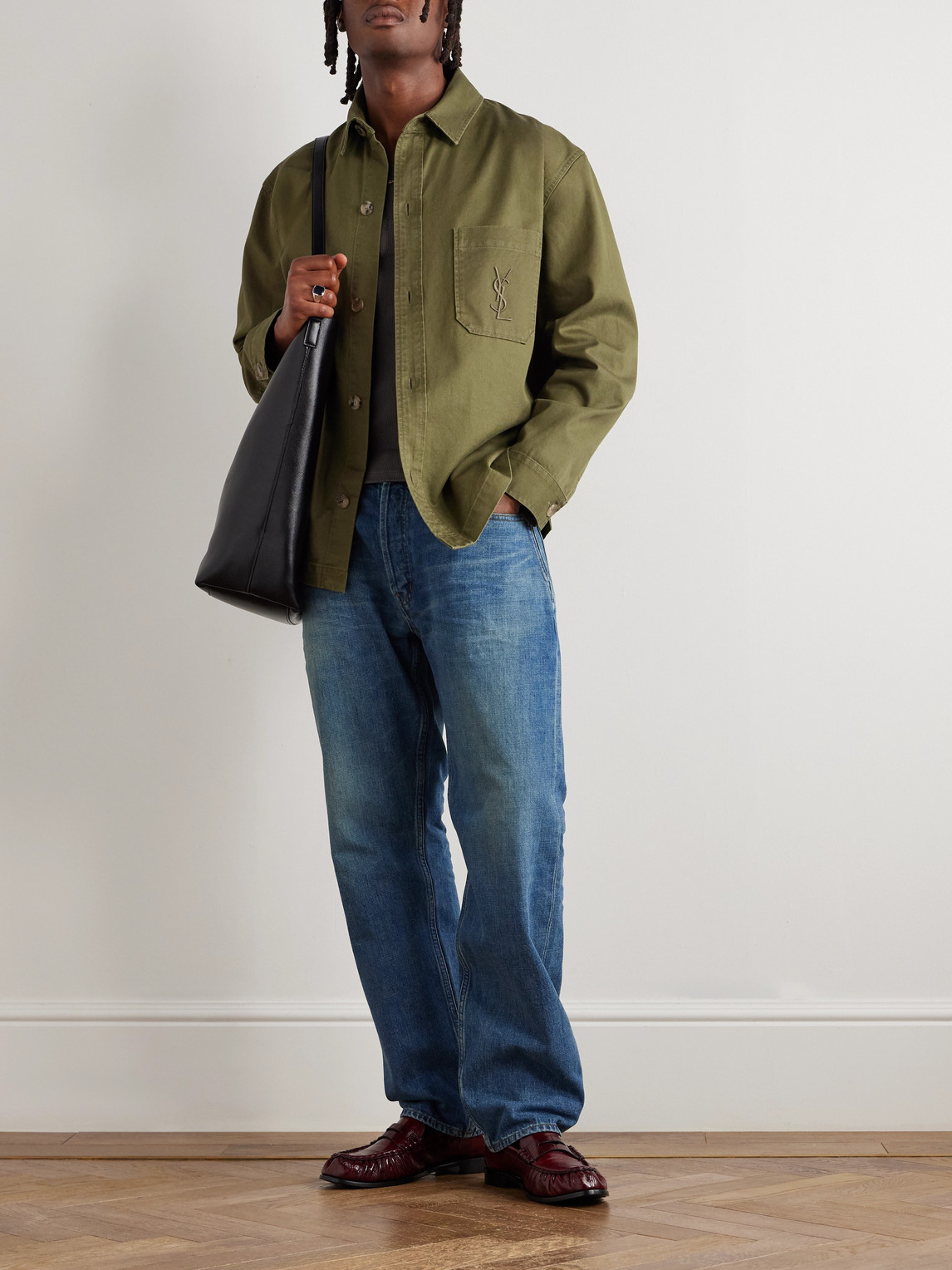 Saint Laurent Green Shirt With Classic Collar And Cassandre Embroidery On The Front In Cotton Man In Green