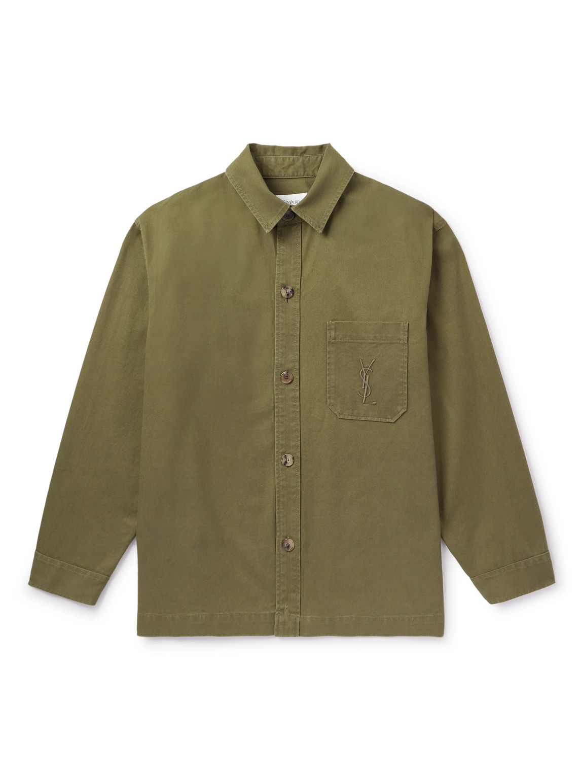 Saint Laurent Logo-embroidered Cotton And Linen-blend Gabardine Overshirt In Green