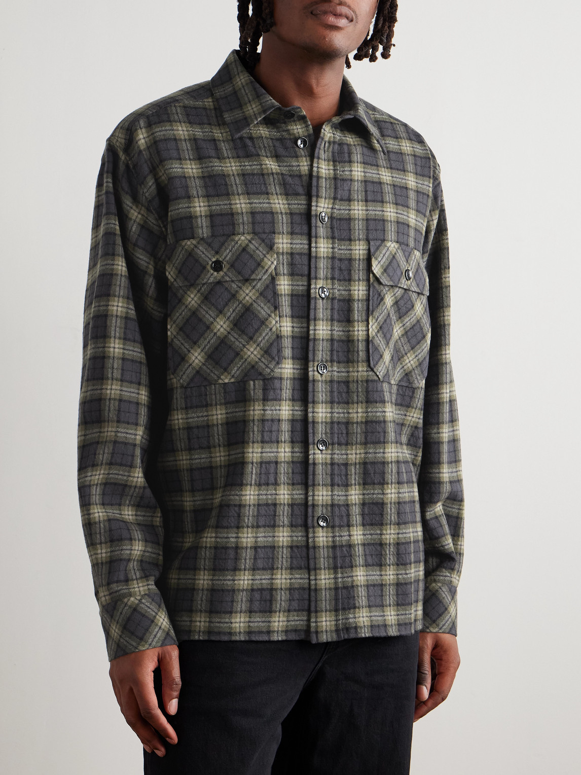 Saint Laurent Embroidered Overshirt In Wool Check In Gray