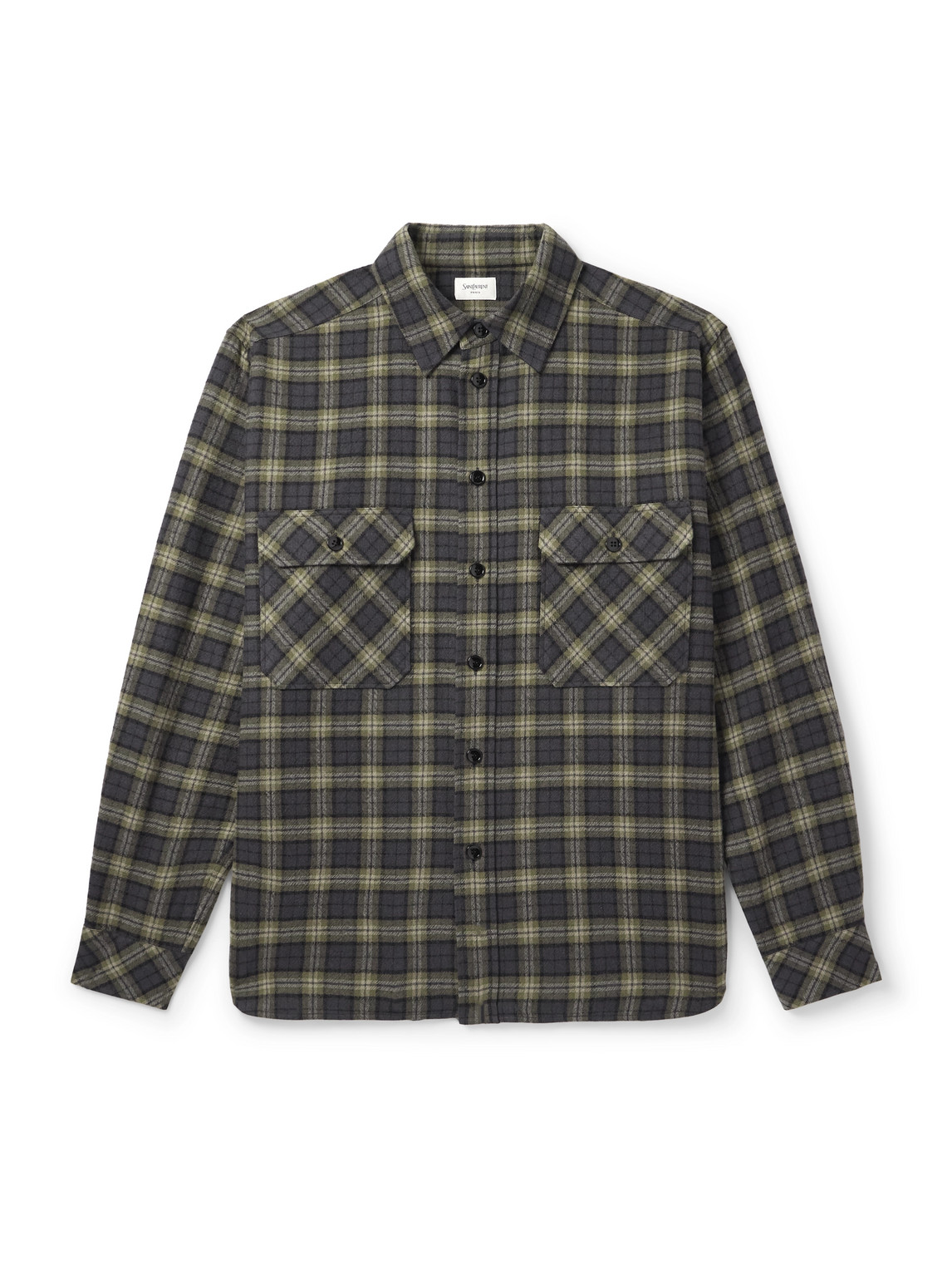 Saint Laurent Embroidered Overshirt In Wool Check In Gray