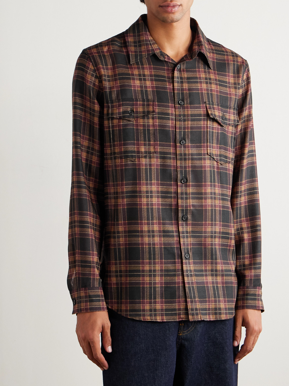 Saint Laurent Logo-embroidered Checked Wool-twill Shirt In Multi