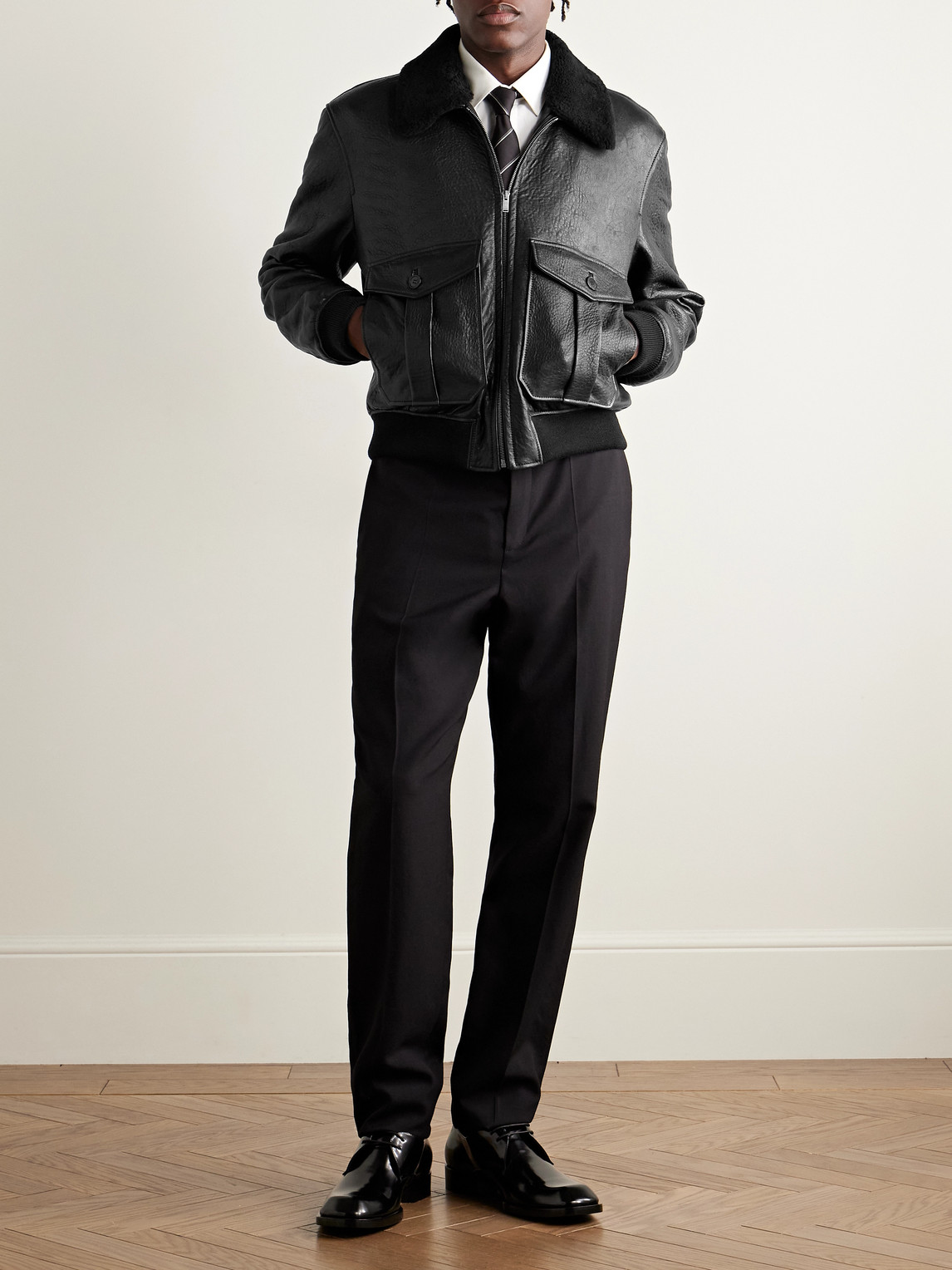 Saint Laurent Shearling-collar Leather Jacket In Black