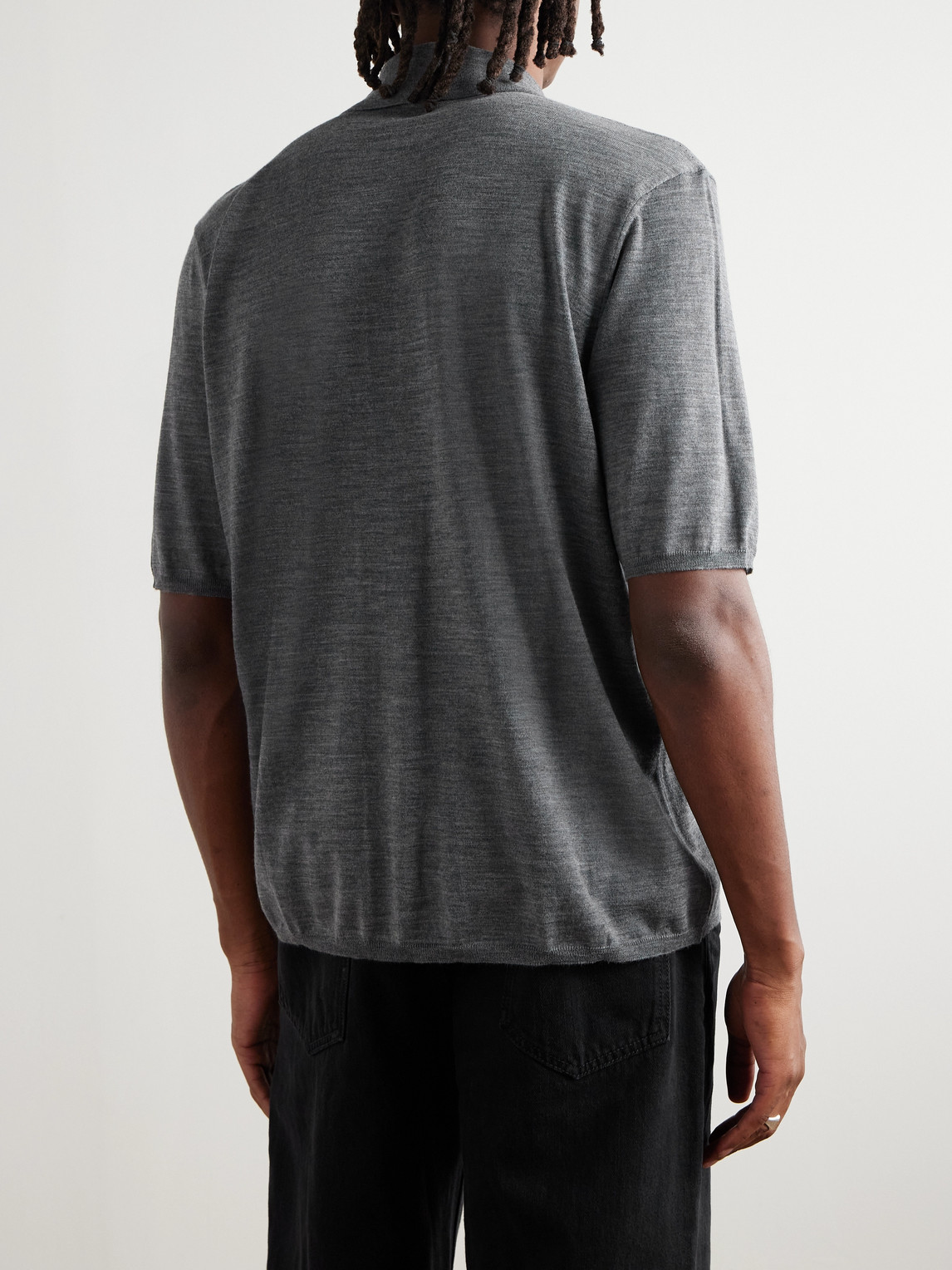 Saint Laurent Cassandre Logo-embroidered Wool Polo Shirt In Gray