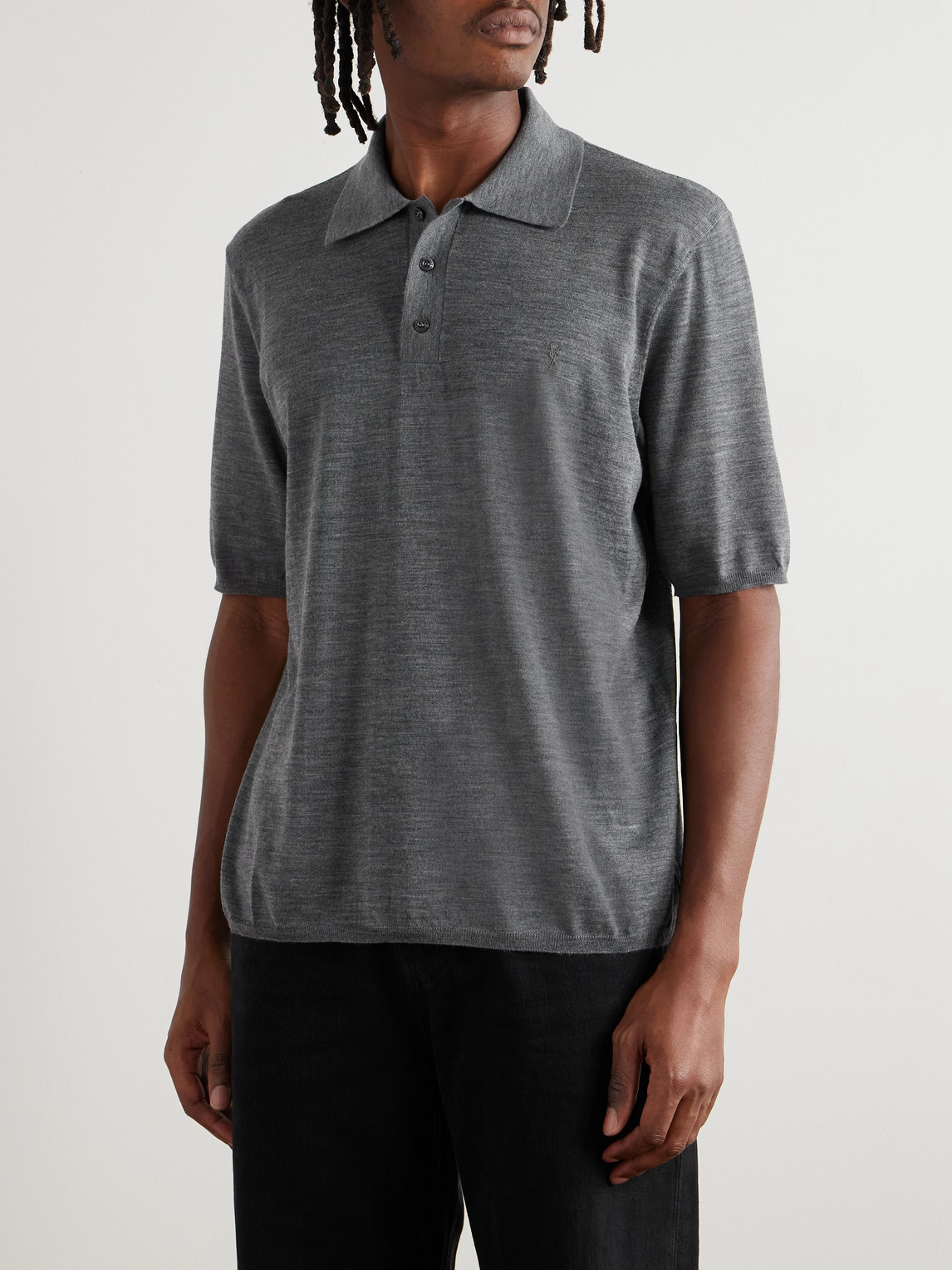 Saint Laurent Cassandre Logo-embroidered Wool Polo Shirt In Gray
