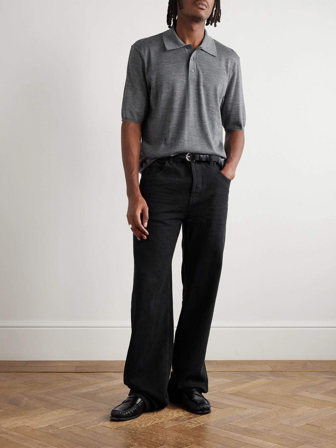 Saint Laurent Cassandre Logo-embroidered Wool Polo Shirt In Gray