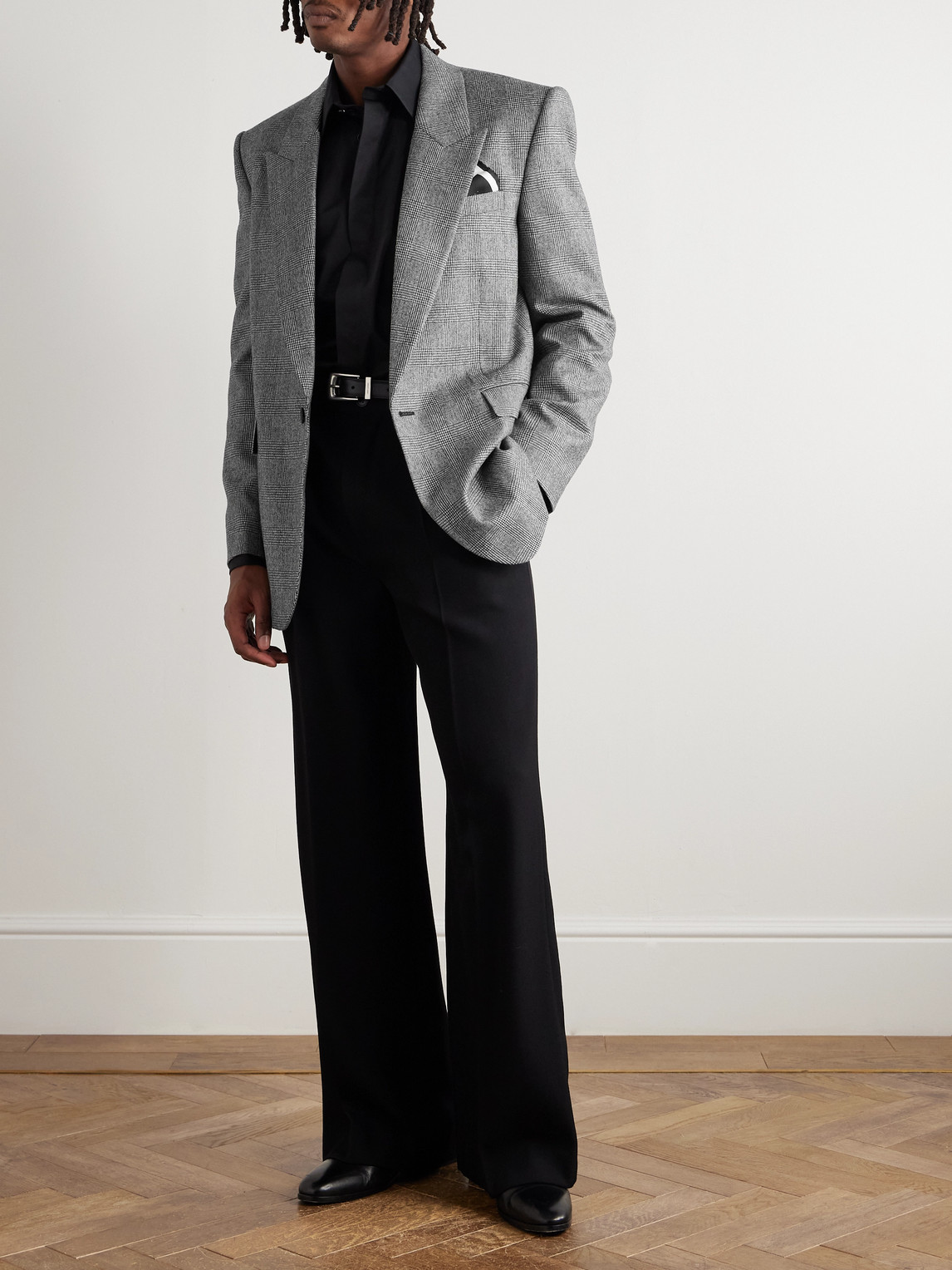Saint Laurent Prince De Galles Wool Flannel Blazer In Gray