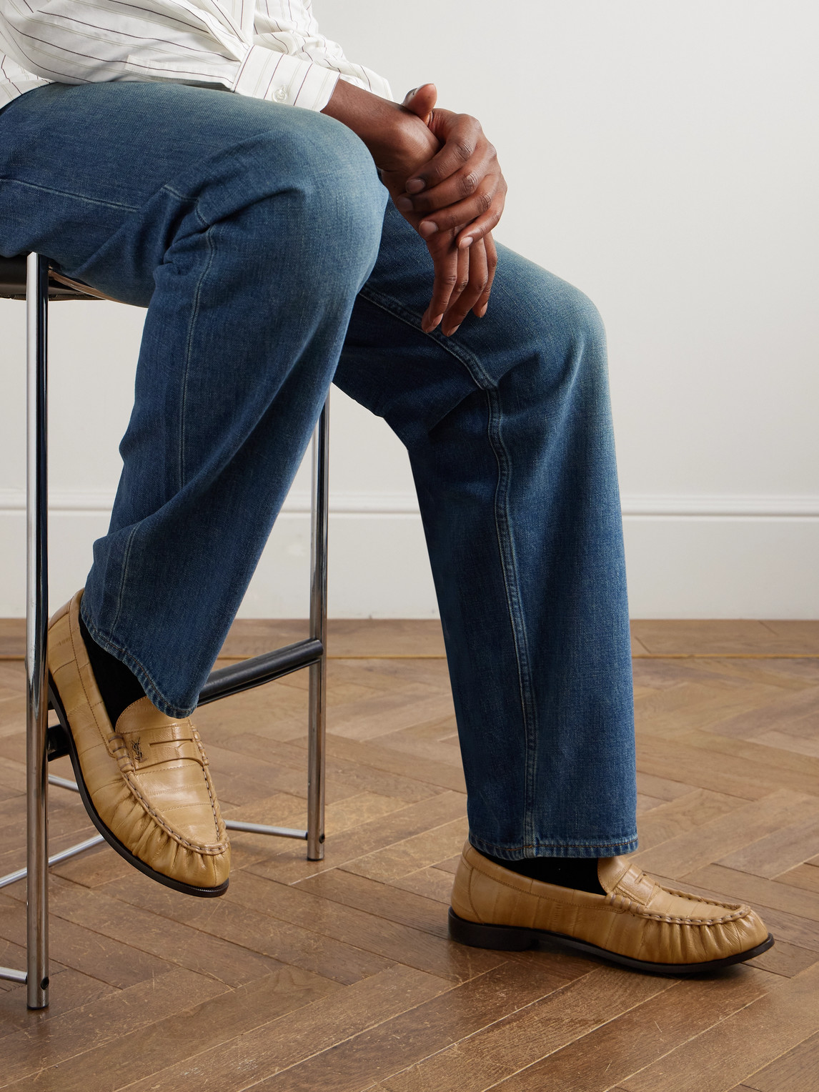 Saint Laurent Le Loafer Monogram Logo-appliquéd Eel Penny Loafers In Neutral
