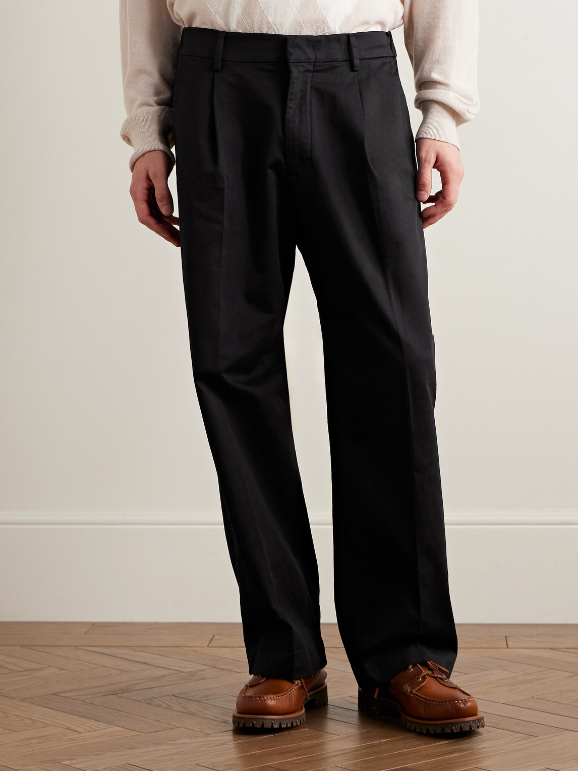 Kay 1420 Wide-Leg Pleated Organic Cotton-Blend Twill Trousers