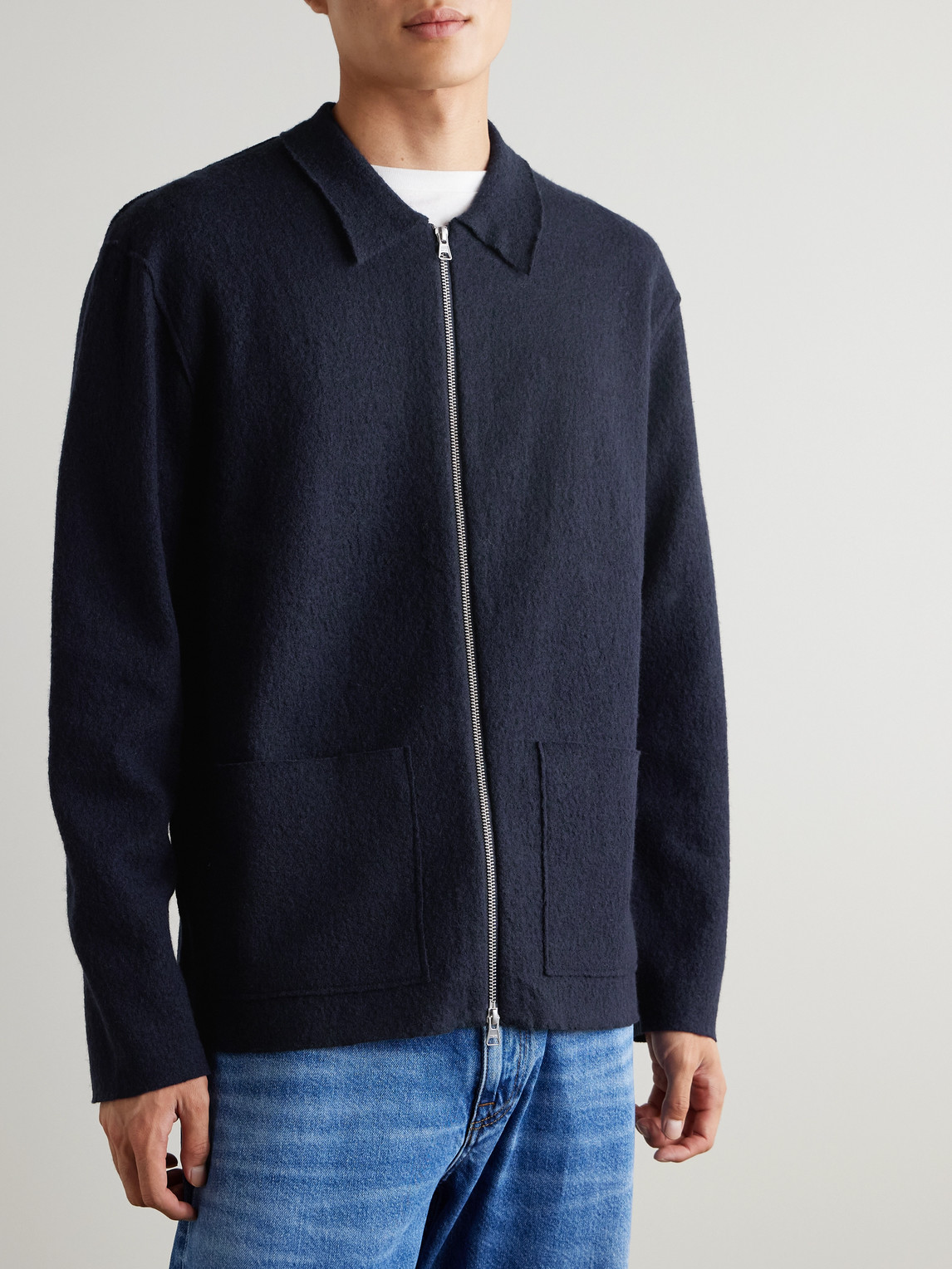 Nn07 Jonas 6398 Brushed-wool Zip-up Cardigan In Blue