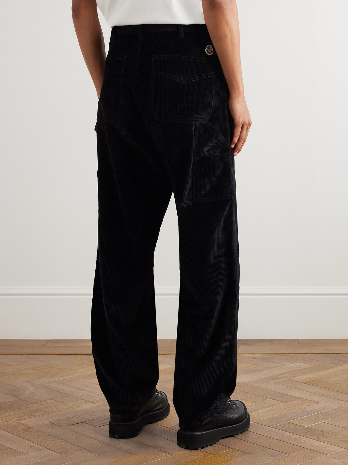 Moncler Straight-leg Logo-appliquéd Panelled Cotton-corduroy Trousers In Black