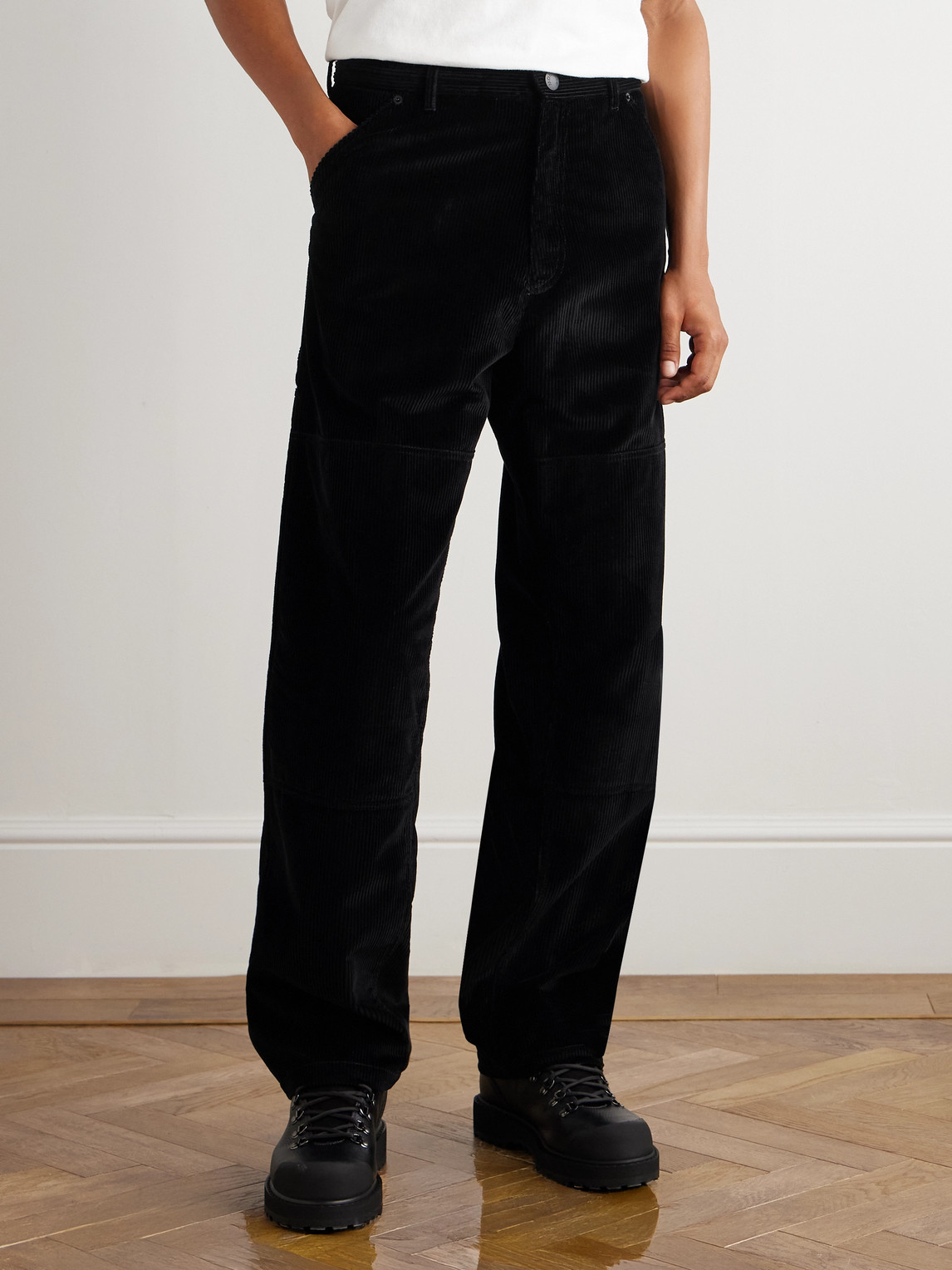 Moncler Straight-leg Logo-appliquéd Panelled Cotton-corduroy Trousers In Black