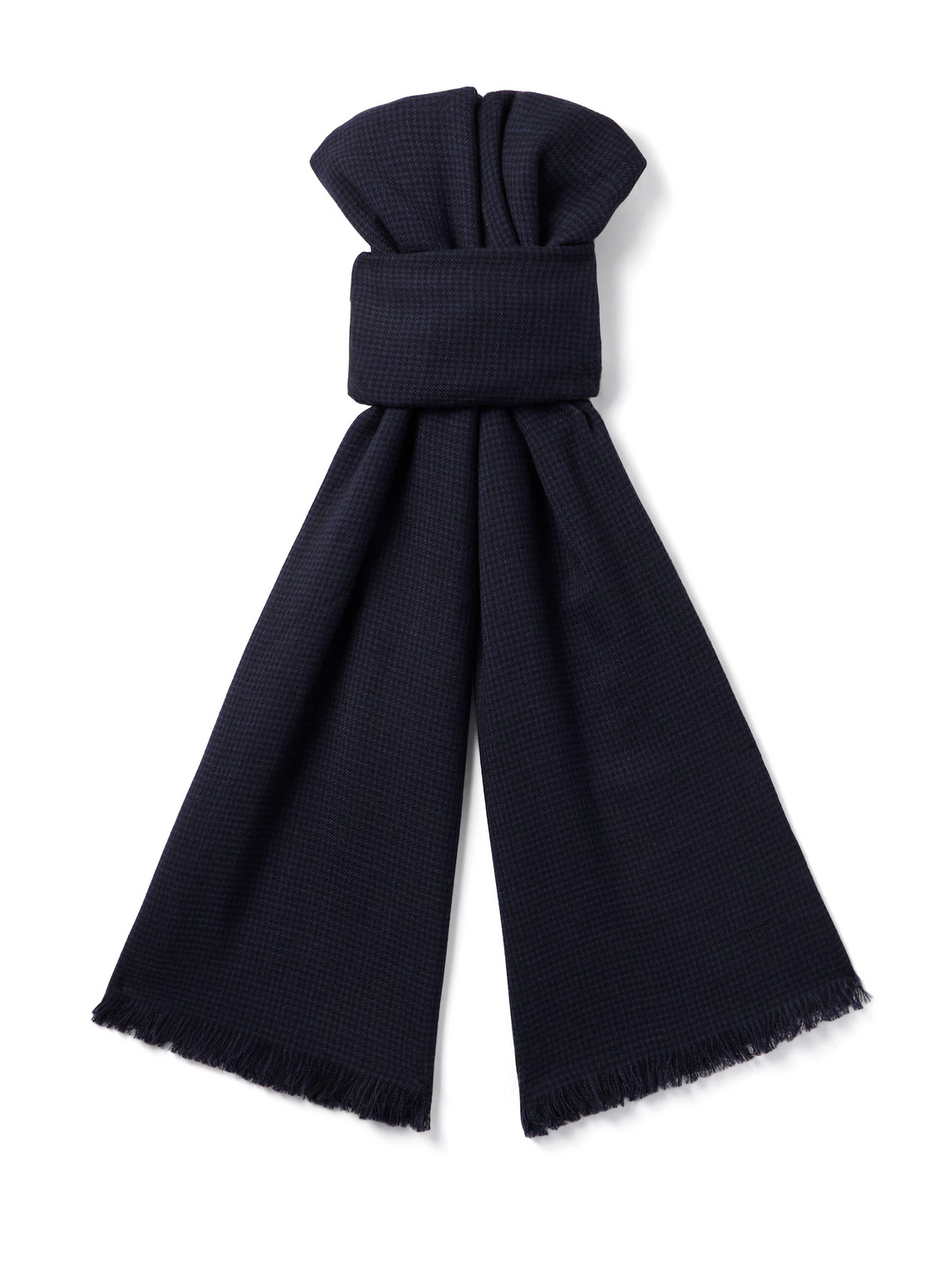 Tom Ford Frayed Puppytooth Wool Scarf In Blue