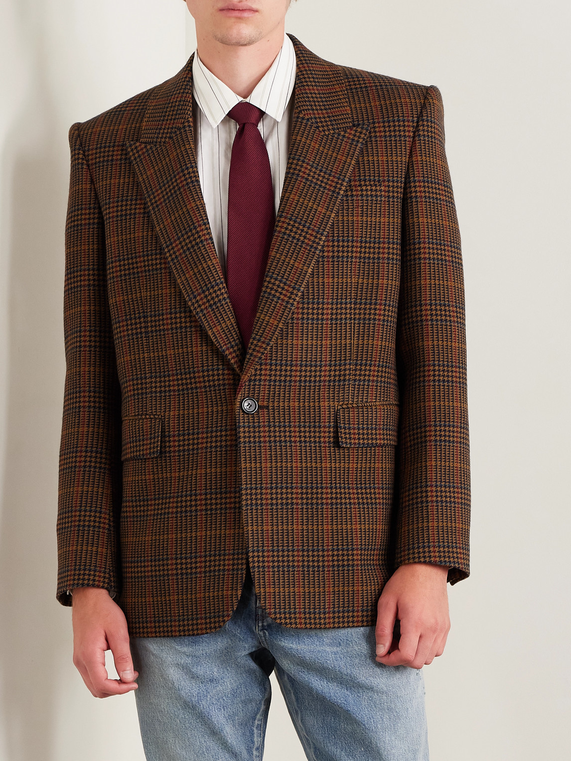 Saint Laurent Houndstooth Checked Wool Blazer In Brown