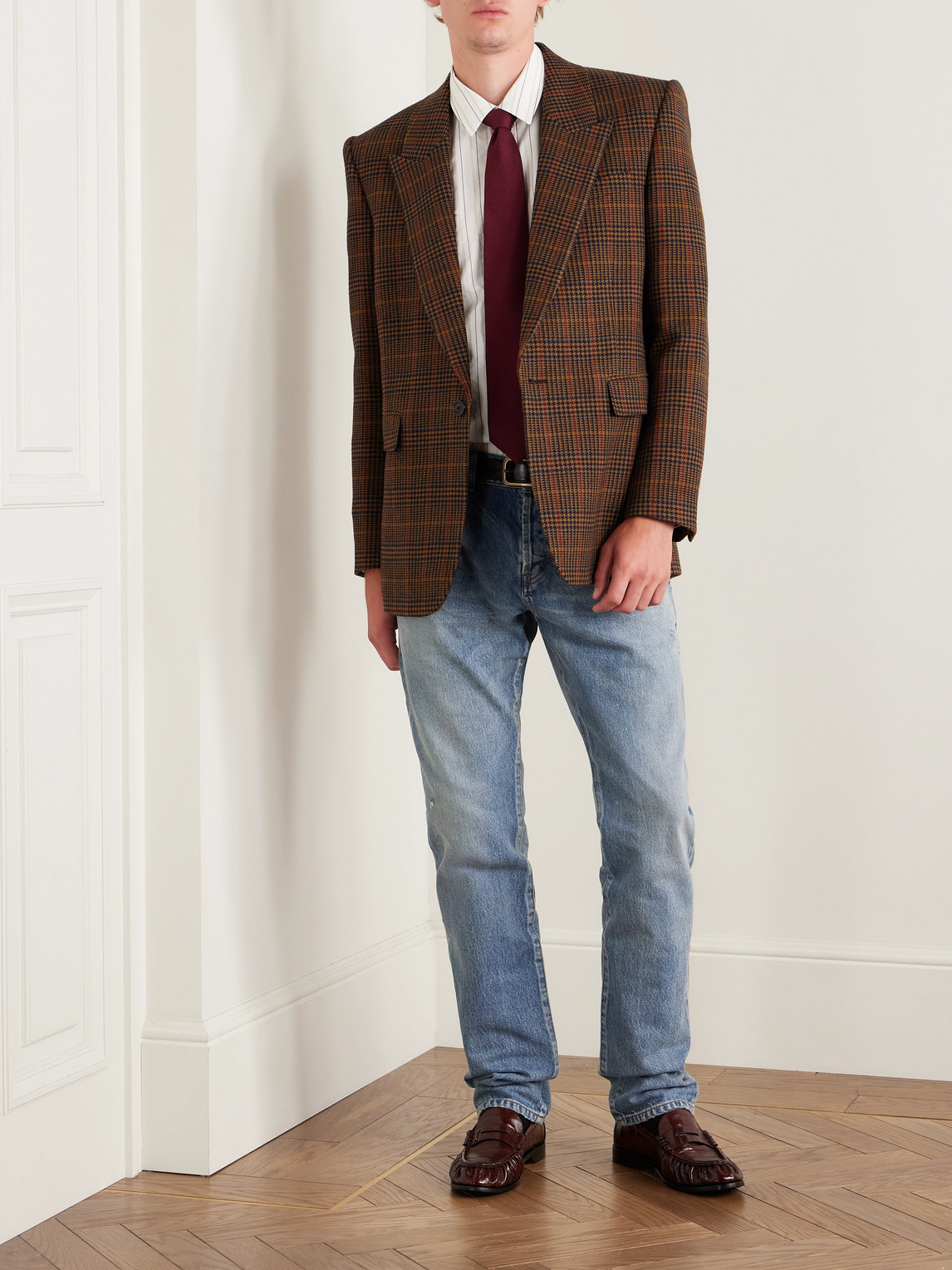 Saint Laurent Houndstooth Checked Wool Blazer In Brown