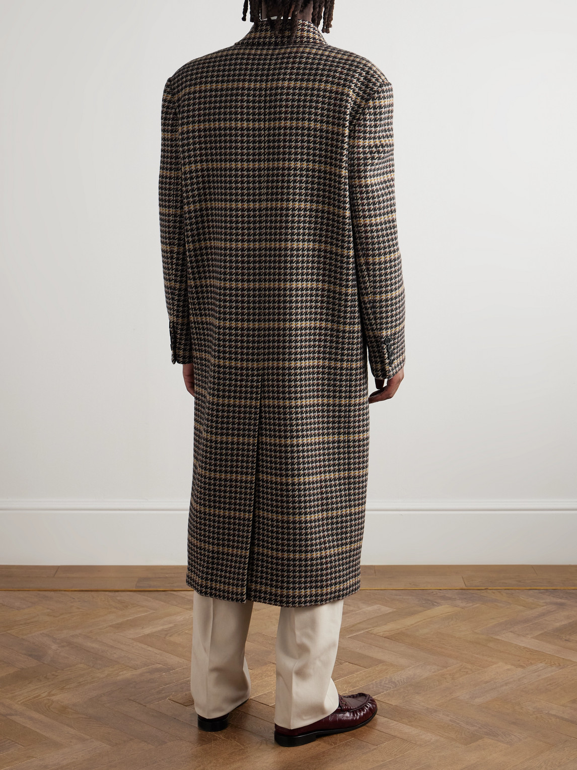 Saint Laurent Houndstooth Double-breasted Wool Overcoat In Brown