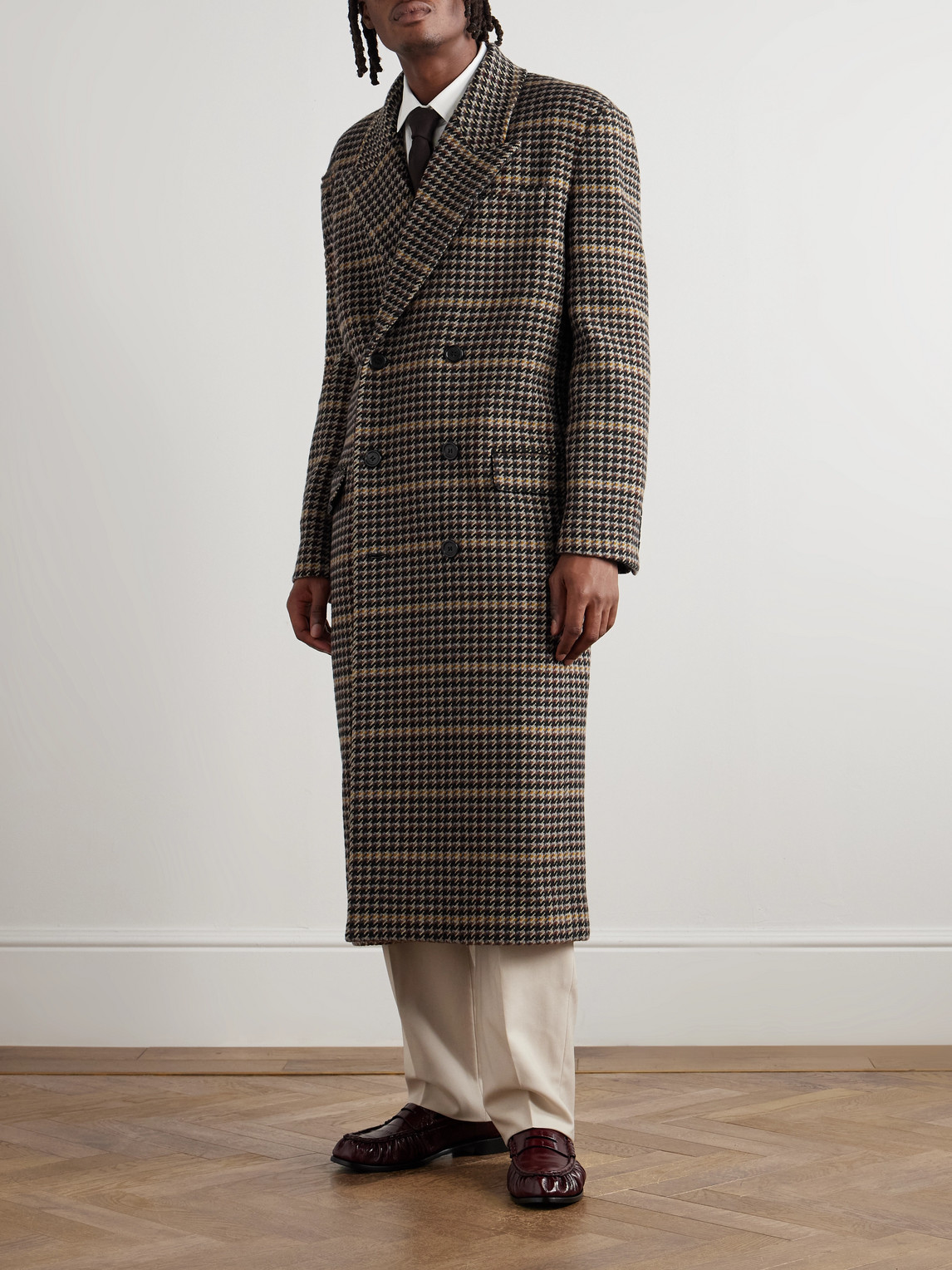 Saint Laurent Houndstooth Double-breasted Wool Overcoat In Brown