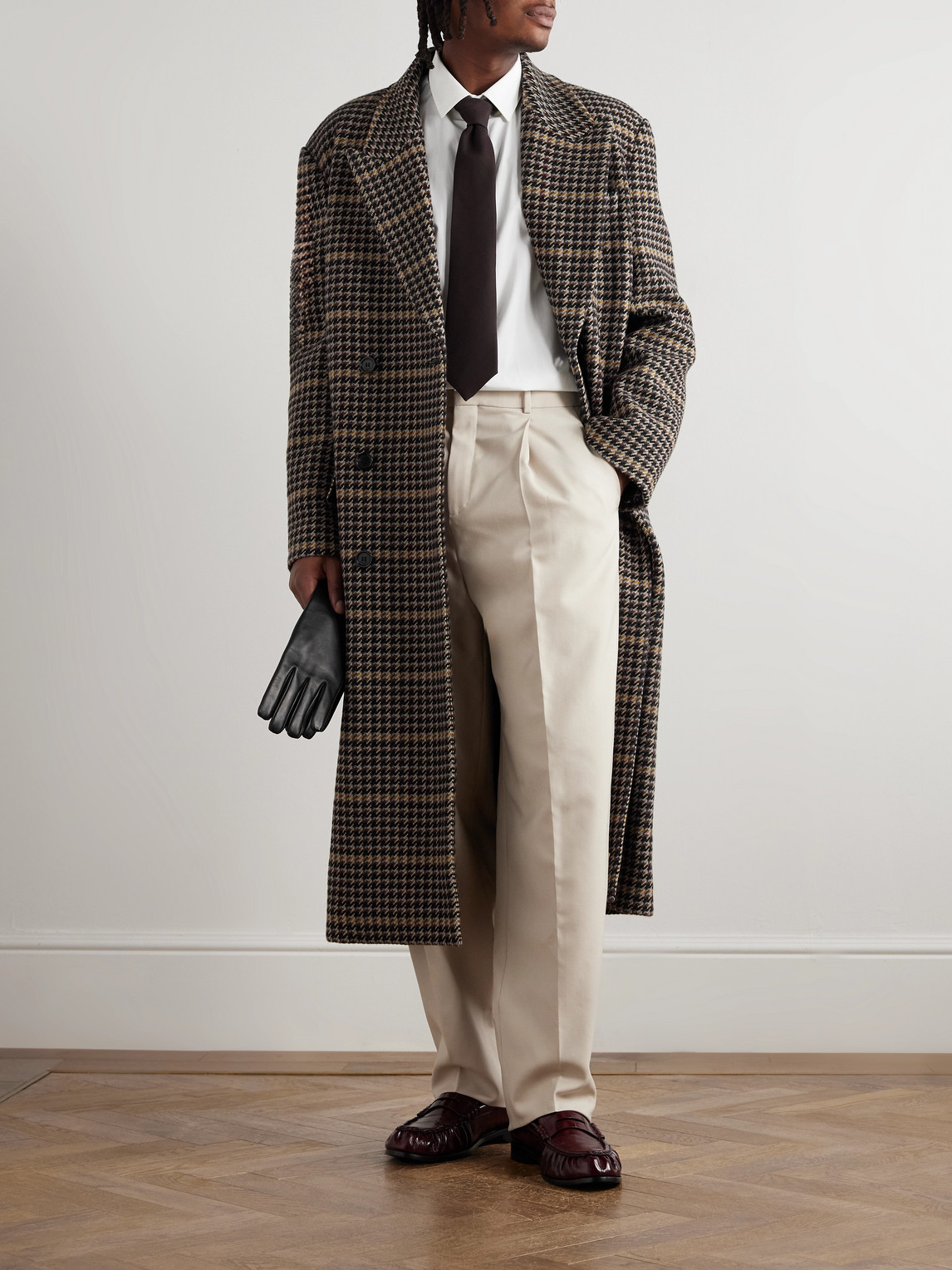 Saint Laurent Houndstooth Double-breasted Wool Overcoat In Brown