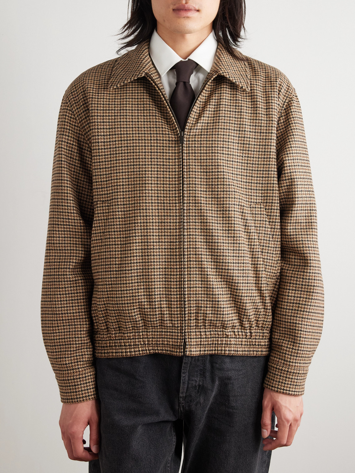 Saint Laurent Houndstooth Woven Blouson Jacket In Brown