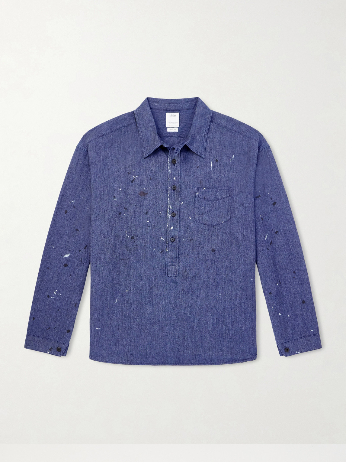 Visvim Paint-splattered Cotton And Silk-blend Chambray Shirt In Blue