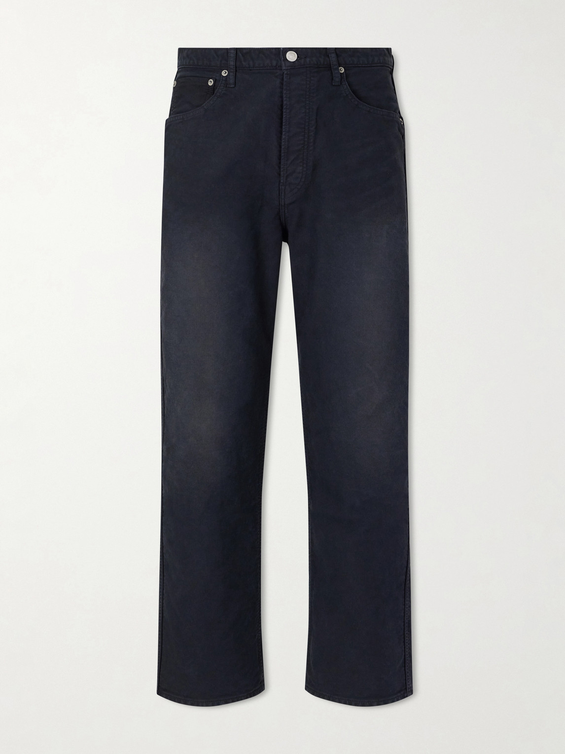 Visvim Fluxus 01 Straight-leg Garment-dyed Distressed Cotton-corduroy Trousers In Black
