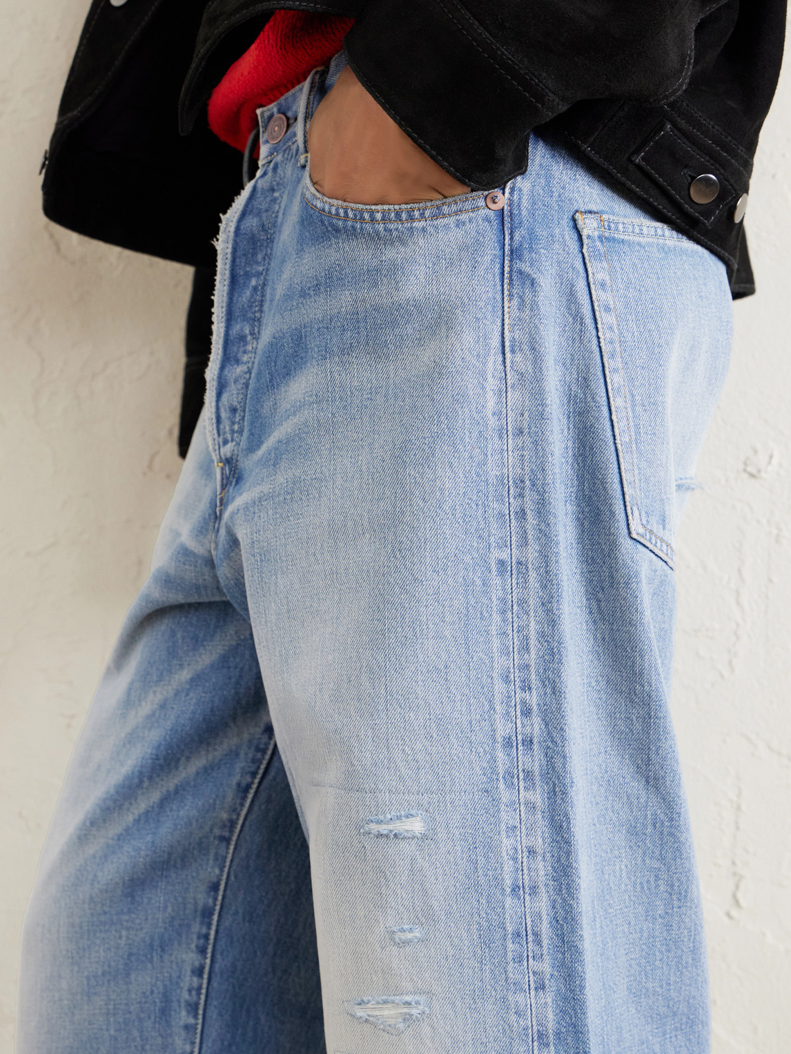 Social Sculpture 01 Wide-Leg Distressed Selvedge Jeans