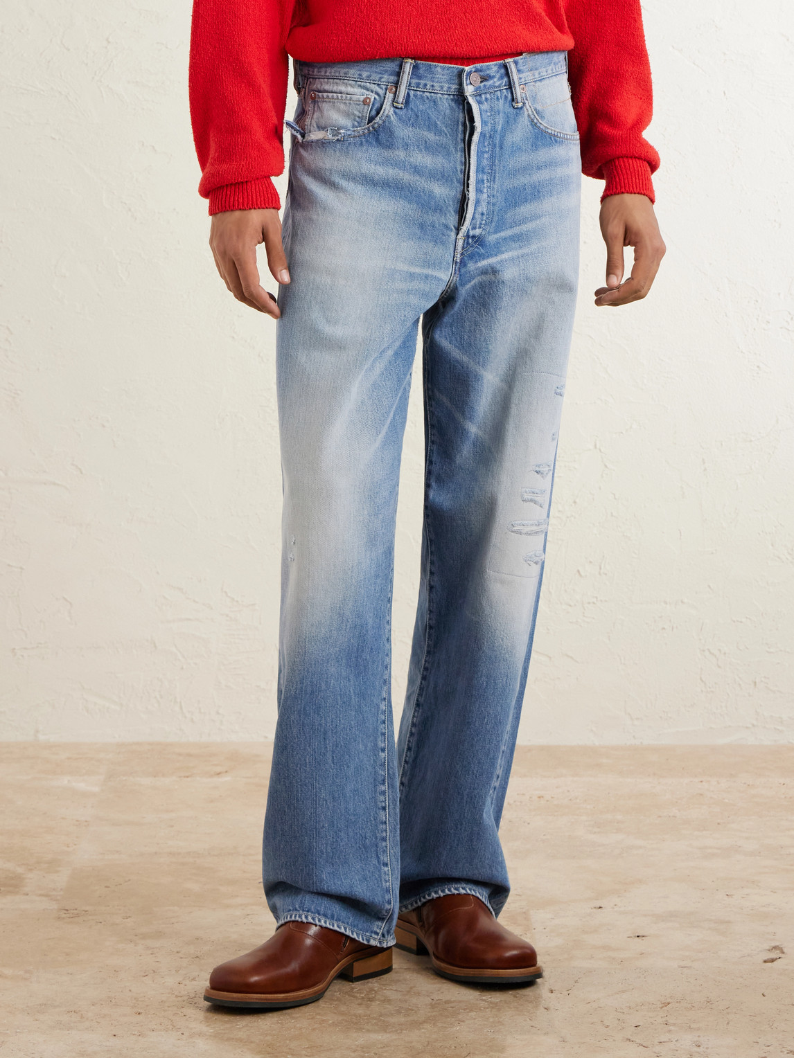 Social Sculpture 01 Wide-Leg Distressed Selvedge Jeans
